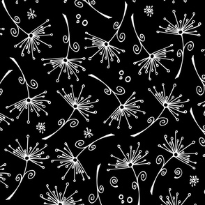 dandelions - white hand-drawn dandelions on black - floral fabric and wallpaper