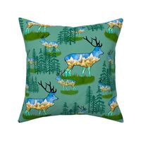 Reindeer bull elk with mountains and pine forests on dark verdigris medium