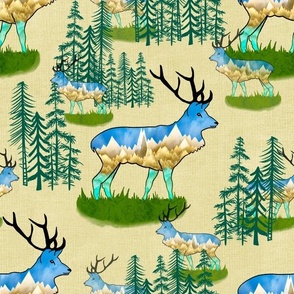 Reindeer bull elk with mountains and pine forests on buff cream linen medium