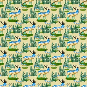 Reindeer bull elk with mountains and pine forests on buff cream linen medium