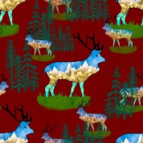 Reindeer bull elks with mountains and pine forests on claret burgundy red linen medium