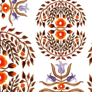Biggest | Bluebells & Poppies Damask | Folk Inspired Floral | Purple Rust Orange Sepia | Hand Painted Ceramics Effect | Extra Large scale | XL size | Jumbo