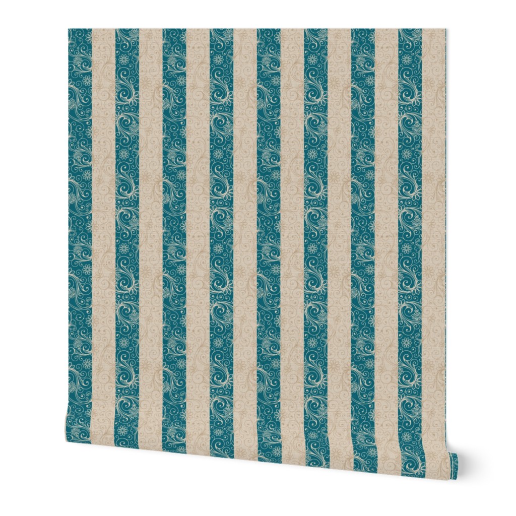 Teal and Taupe Floral Stripes