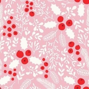 Red Holly Berries on Pink - Small Scale - Mistletoe Christmas Florals