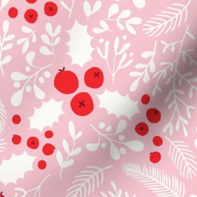 Red Holly Berries on Pink - Medium Scale - Mistletoe Christmas Florals