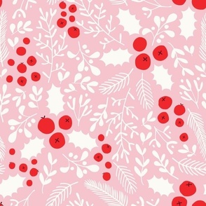 Red Holly Berries on Pink - Medium Scale - Mistletoe Christmas Florals