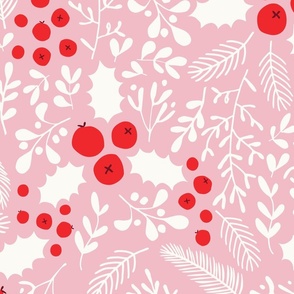 Red Holly Berries on Pink - Large Scale - Mistletoe Christmas Florals