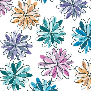 Pink, Green, Blue, Purple, and Orange Flowers on White