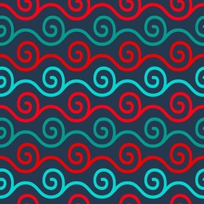 Bigger Scale Red Aqua Turquoise Windy Swirl on Navy Baby It's Cold Outside Collection