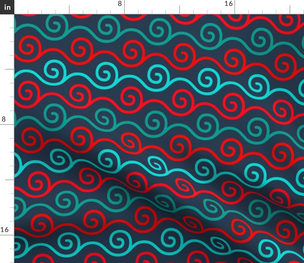 Bigger Scale Red Aqua Turquoise Windy Swirl on Navy Baby It's Cold Outside Collection