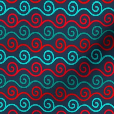 Smaller Scale Red Aqua Turquoise Windy Swirl on Navy Baby It's Cold Outside Collection