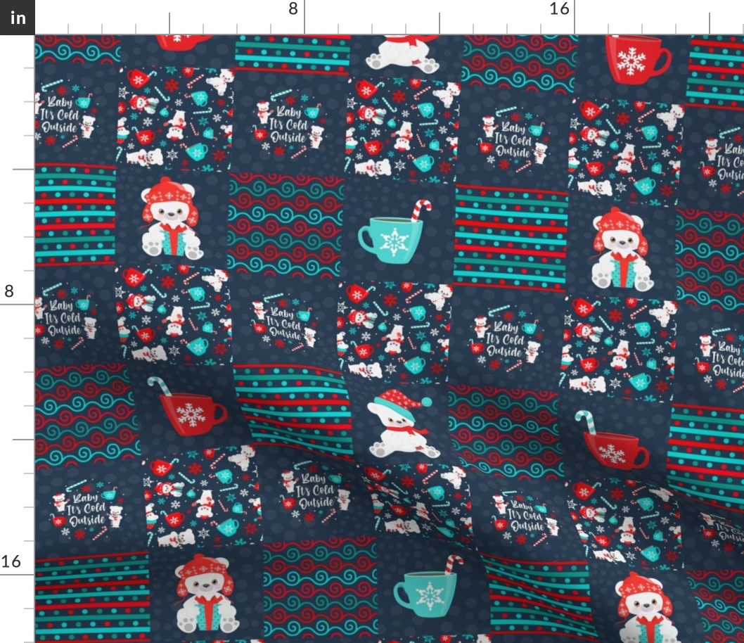 Smaller Scale Patchwork 3" Squares Baby It's Cold Outside Polar Bear Holidays Navy for Cheater Quilt or Blanket