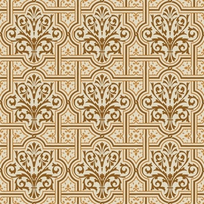 fancy Renaissance-style tiles, burnt caramel on ecru, 6W