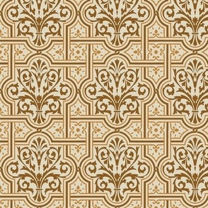 fancy medieval-style tiles, burnt caramel on ecru, 3W