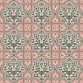 fancy Renaissance-style tiles, red and graphite on ivory, 6W