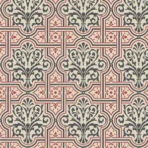 fancy medieval-style tiles, red and graphite on ivory, 3W