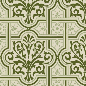 fancy Renaissance-style tiles, ecru and olive green, 12W