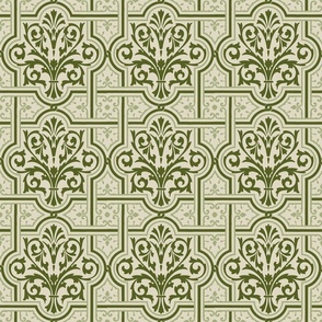 fancy Renaissance-style tiles, ecru and olive green, 6W