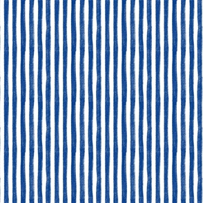 Vertical Large scale indigo blue line on white. Nautical blue stripes.