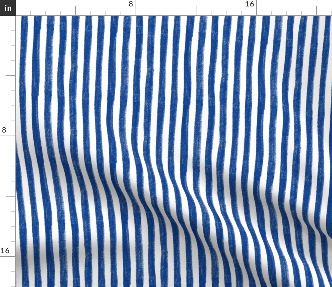 Vertical Large scale indigo blue line on white. Nautical blue stripes.