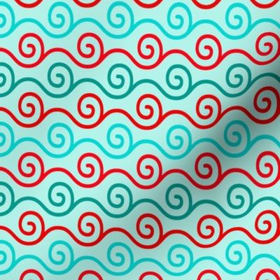 Smaller Scale Red Aqua Turquoise Windy Swirl on Ice Blue Baby It's Cold Outside Collection