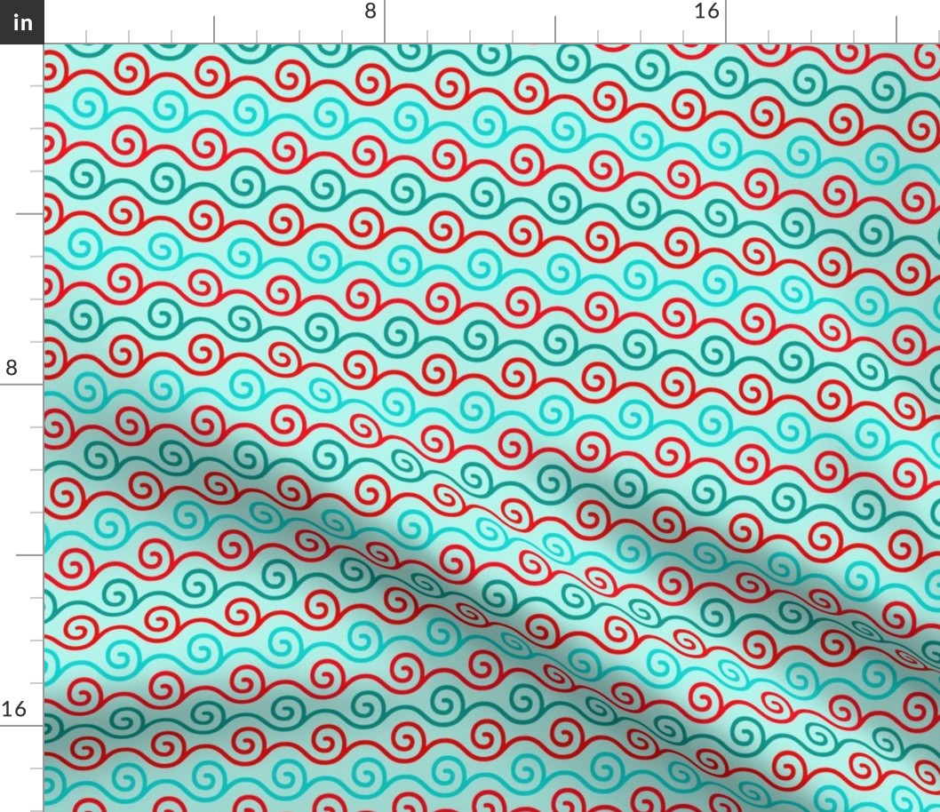 Smaller Scale Red Aqua Turquoise Windy Swirl on Ice Blue Baby It's Cold Outside Collection