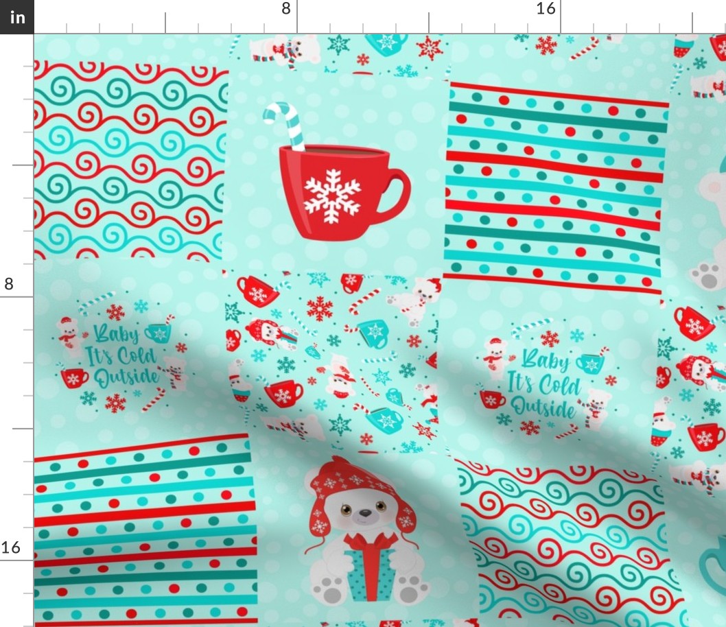 Bigger Scale Patchwork 6" Squares Baby It's Cold Outside Polar Bear Holidays Ice Blue for Cheater Quilt or Blanket