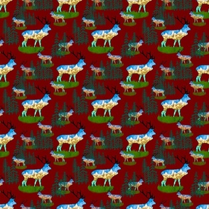 Mountain bull elk reindeer in pine forests on wine claret red linen effect  small