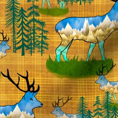Forest animals cabin core Mountains on bull elks, stags , reindeer in pine forest son jonquil, mustard slub plaid medium