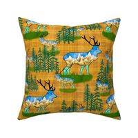 Forest animals cabin core Mountains on bull elks, stags , reindeer in pine forest son jonquil, mustard slub plaid medium