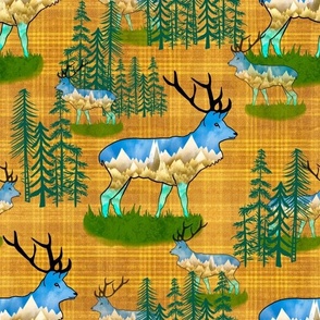 Forest animals cabin core Mountains on bull elks, stags , reindeer in pine forest son jonquil, mustard slub plaid medium