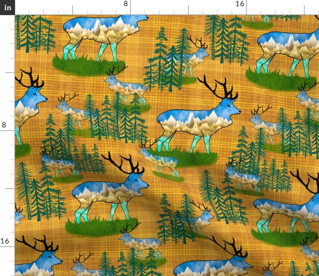 Forest animals cabin core Mountains on bull elks, stags , reindeer in pine forest son jonquil, mustard slub plaid medium