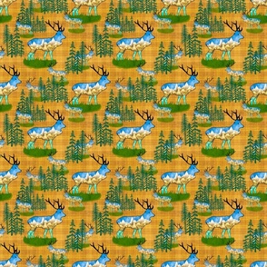 Mountain elk, reindeer in pine forests on jonquil, mustard slub plaid small