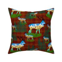 Christmas holiday reindeer elk, mountains and pine forests on holiday red slub plaid tartan medium