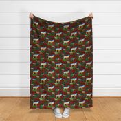 Christmas holiday reindeer elk, mountains and pine forests on holiday red slub plaid tartan medium