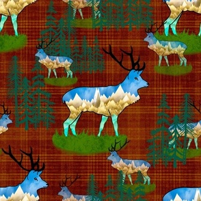 Christmas holiday reindeer elk, mountains and pine forests on holiday red slub plaid tartan medium