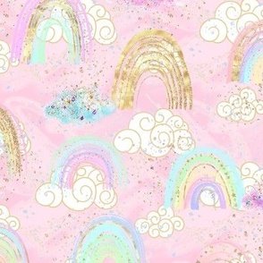 Girly Rainbow clouds Pink Clouds glistening gold sparkles