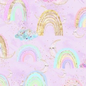 Girly Rainbows Lilac Clouds glittery gold sparkles Moon Stars