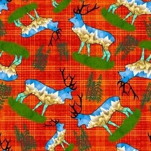 Cabin core forest animals Scattered Tossed mountain reindeer elk and pine forests on pine bright red plaid tartan winter holidays
