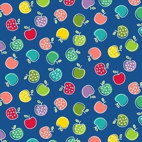 Tossed Ditzy Red, Green, Coral, Aqua, Yellow and Lilac Polka Dot Apples on Blue Ground Non Directional