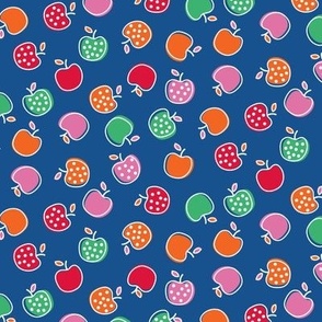 Tossed Ditzy Red, Green, Orange and Pink Polka Dot Apples on Blue Ground Non Directional