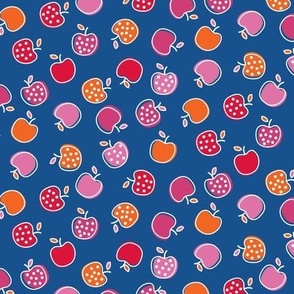 Tossed Ditzy Red,  Orange and Pink Polka Dot Apples on Blue Ground Non Directional