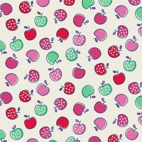 Tossed Ditzy Red, Green, and Pink Polka Dot Apples on Cream Ground Non Directional