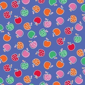 Tossed Ditzy Red, Green, Orange and Pink Polka Dot Apples on Periwinkle Ground Non Directional