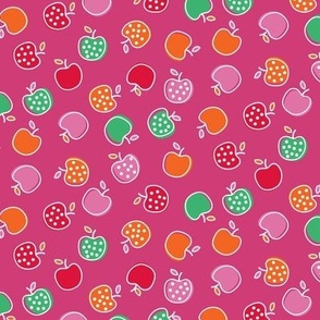 Tossed Ditzy Red, Green, Orange and Pink Polka Dot Apples on Bright Pink Ground Non Directional