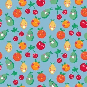 Ditzy Happy Pears, Cherries, Apples, Oranges and Lemons on Light Blue Ground