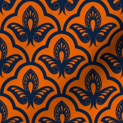 Auburn colors - Art Deco Floral Damask - Blue on Orange