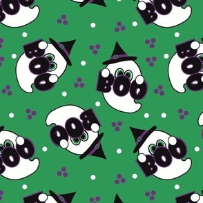 Cute Ghost with Boo Sign Green Background Polkadots