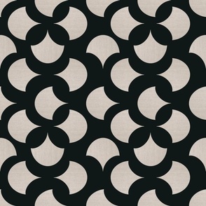 Organic linen Minimalist Quatrefoil in black and tan, with faux linen texture 