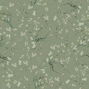 18" Van Gogh Almond  Blossoms-Tree Branches Pattern, Almond Tree Fabric- Vincent Van Gogh Fabric-  Van Gogh Almond Blossoms Fabric- Watercolor Cherry Blossom  sage